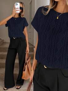 Áo thun nữ tay ngắn cổ tròn chất liệu vải dệt họa tiết, màu be, thích hợp cho mùa hè. - Xanh đậm - Xem 2