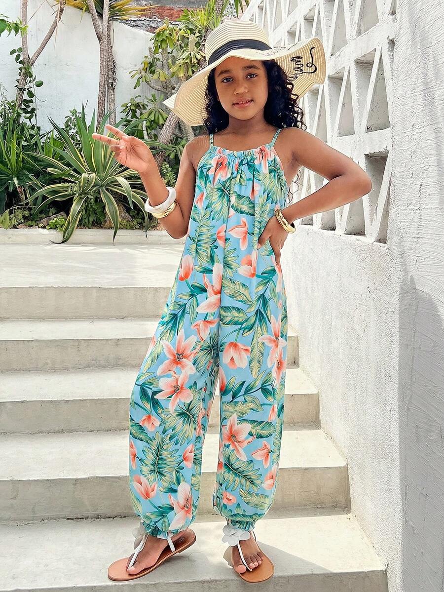 SHEIN 少女休闲夏季度假风宽松热带植物印花吊带连体裤夏季灯笼裤夏威夷风连体裤 - 彩色 - 查看 1