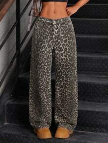 SHEIN Tall Jeans de mujer de pierna ancha y cintura baja con estampado de leopardo lavado de moda - Multicolor - Ver 5