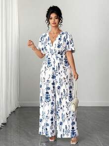 Elenzga Plus Size Women's Blue & White Floral Jumpsuit, V-Neck Short Sleeve Cinched Waist Wide Leg Pants, Elegant Slimming Casual Everyday Wear & Holiday Outfit - Multicolor - View 4