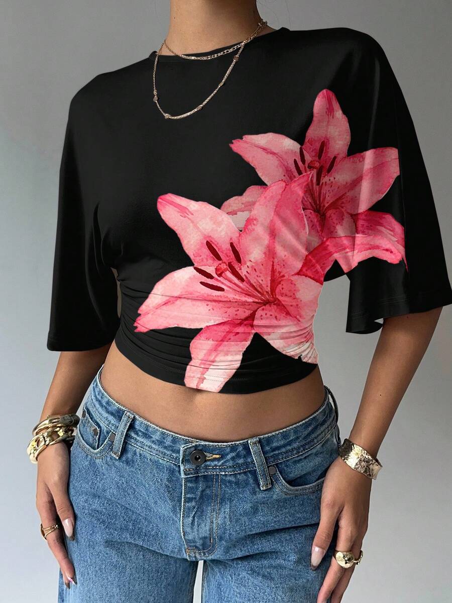 Aloruh Women's Solid Color Round Neck Batwing Sleeve Ruched Design Cropped Fashionable Top,Summer Top - Multicolor - View 1