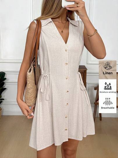 Easowa Apricot Sleeveless Waist Cinched Mini Dress, Linen Comfortable Fabric, Suitable For Casual, Commute, Office, Vintage, French Style Vacation Wear, Spring/Summer Vacation/Boho/Sexy Button Up Dress Beige Dress For Women Summer Casual Dress Tie Dress Lady Dress Summer Summer Dress  Spring Dress Beach Dress  Vacation Dresses  Summer Holiday Outfits  Casual Dresses For Women