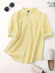 SHEIN LUNE CURVE 大码女式撞色条纹印花拼接全纽扣前袋休闲短袖衬衫 - 鵝黃色 - 查看 6