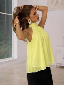 Aloruh Women's Solid Color Ruched Halter Casual Versatile Daily Wear Top,Summer Top - Yellow - View 3