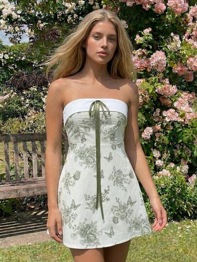 SHEIN French Minimalist Elegant Fresh Green Woven Tube Top Mini Dress, Suitable For Resort, Countryside Outings