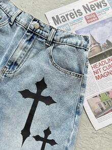 Pantalones cortos vaqueros de ajuste holgado con patrón de punto de cruz azul, estilo casual y vintage de moda para adolescentes - Azul - Ver 5