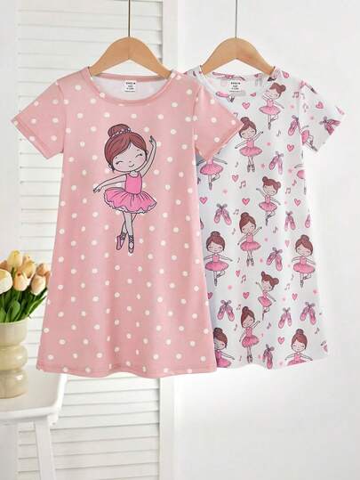 2-Piece Baby Girls Pajamas,Summer Cute Holiday Pink And White Cartoon Ballet Girl Polka Dot Print Short Sleeve Nightgown Soft Knit Sleep Dress Set