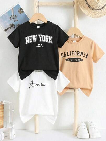 Set de 3 camisetas de punto con cuello redondo y estampado de letras casuales para niños preadolescentes, adecuadas para la escuela y salidas en primavera/verano
