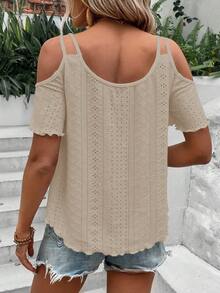 SHEIN LUNE Kaos Wanita Kasual Model Off-Shoulder dengan Bordir Jala, Musim Panas - Khaki - View 2