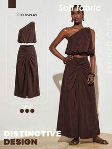 Zivah 2026 Vacation Casual Unique Shoulder Top + Waist Ruched Elegant Dark Brown Midi Skirt Set Dresses Wrap Around Dresses For Ladies Xs Dress For Women Brown Dress Women's Dresses - Brown - View 10