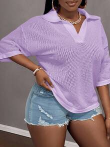 Slaydiva Loose Fit Solid Color V-Neck Drop Shoulder Hollow Out Knit Casual Blouse For Plus Size Women, Spring/Summer - Mauve Purple - View 3