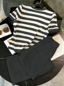 Resyla Women's Striped Short Sleeve Top And Pants 2 Pieces Casual Outfit - Multicolor - View 2