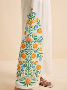 LOTSLUV Pantalones rectos con estampado floral tropical amarillo claro para mujer, primavera/verano - Amarillo claro - Ver 5