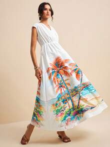 LOTSLUV Đầm dài in họa tiết cây dừa trên nền trắng dành cho nữ, cổ chữ V, không tay, cổ nhún, eo có dây rút, thích hợp cho kỳ nghỉ xuân/hè. - Nhiều màu - Xem 1