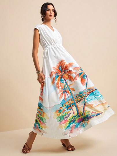 LOTSLUV Đầm dài in họa tiết cây dừa trên nền trắng dành cho nữ, cổ chữ V, không tay, cổ nhún, eo có dây rút, thích hợp cho kỳ nghỉ xuân/hè.