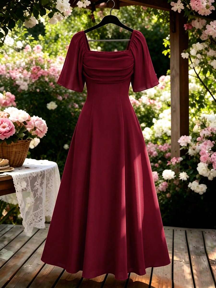 GlowEve CURVE Plus Size Women's Solid Color Square Neck Ruffle Short Sleeve Elegant Dress - Red - View 1