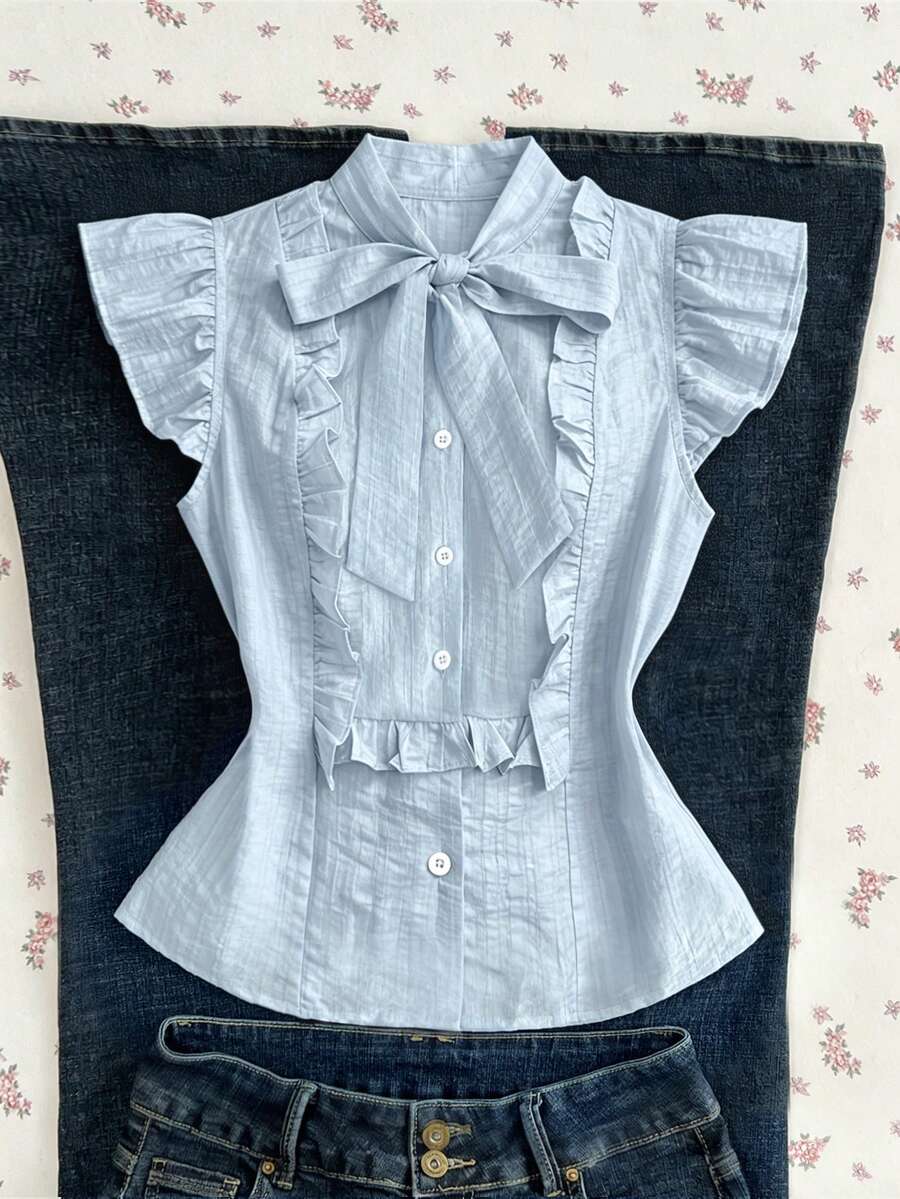 Elamini Women's Frill Trim Striped Open Front Short Sleeve Casual Shirt - Blue - View 1