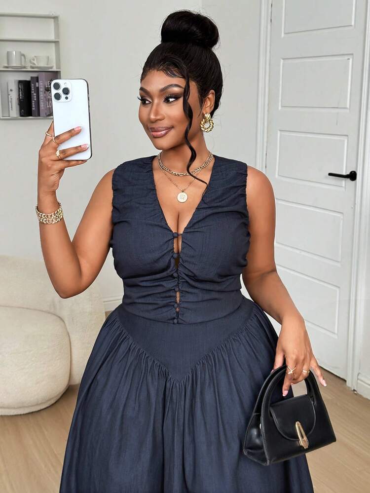 Dazy Plus Spring & Summer Blue Cropped Camisole Top With Hollow-Out Deep V-Neck, A-Line Skirt 2-Piece Set, Casual Office Commuter Outfit For Plus Size Women Lounge Sets For Women