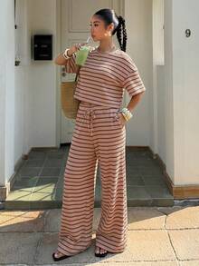 Muchica Women's Summer New Textured Dusty Pink Stripe Loose Short Sleeve T-Shirt And Pants Set, Casual Vacation Outfits 2 Pieces Set Loungewear Brunch Travel - Pink - View 4