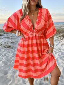 Vionelle Plus Size Women's Deep V Neck Knee Length A Line Dress Orange Plaid Batwing Sleeve Frill Details - Orange - View 1
