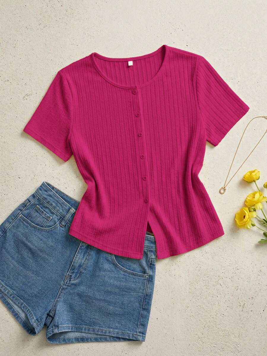 SHEIN Essnce 大码女装春夏时尚休闲弹力舒适日常百搭显瘦浅黄色纹理面料短袖T恤,曲线可爱上衣,夏季穿搭,外出上衣 - 玫紅色 - 查看 1