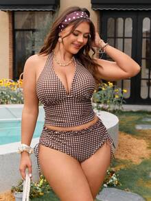 Swim Mod 2026 New Plus Size Women 2pcs/Set Random Plaid Print Elegant Ruffle Trim Casual Tankini Swimwear, Summer - Brown - View 6