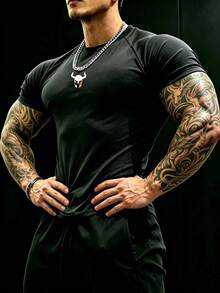 GymBeat Men's Fashionable Helmet Print Round Neck Raglan Sleeve Sports T-Shirt, Summer - Black - View 6
