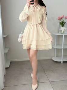 FRIFUL Women's Solid Color Off-Shoulder Long Sleeve Tie Neck Elegant Dress Sun Dresses For Women - Apricot - View 6