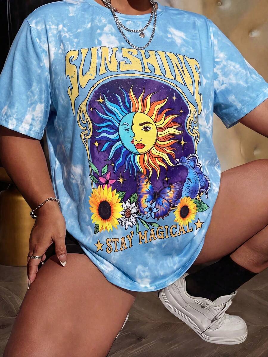 Maweii 大码时尚扎染太阳字母印花短袖T恤女式上衣 - 彩色 - 查看 1