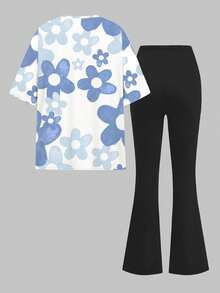 Ensemble 2 pièces Top à manches courtes col rond et pantalon évasé, motif lapin bleu Lulu et Stitch, dégradé bleu floral, style dessin animé décontracté pour jeune fille, adapté pour l'été - Multicolore - Voir 3