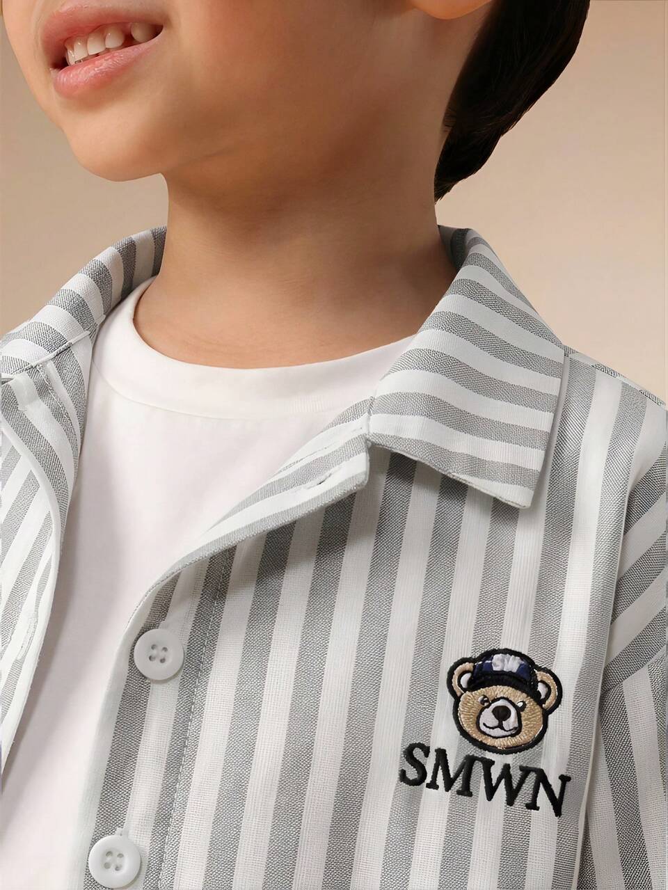 Boys Long Sleeve Bear Badge Striped Button Down Shirt Casual School Everyday Wear