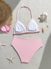 SHEIN Bộ bikini dây buộc cổ kẻ caro dành cho thiếu nữ, chất liệu vải có họa tiết, kiểu dáng dễ thương và phong cách Y2K, thích hợp cho bơi lội, hồ bơi, lướt sóng, kỳ nghỉ, du lịch, nghỉ xuân, đi biển. - Hồng - Xem 2