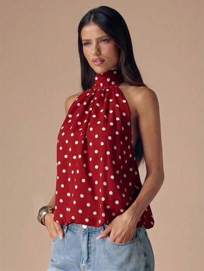 SHEIN BAE Áo croptop hở lưng cổ yếm chấm bi đen trắng gợi cảm, thích hợp cho các lễ hội âm nhạc, kỳ nghỉ.