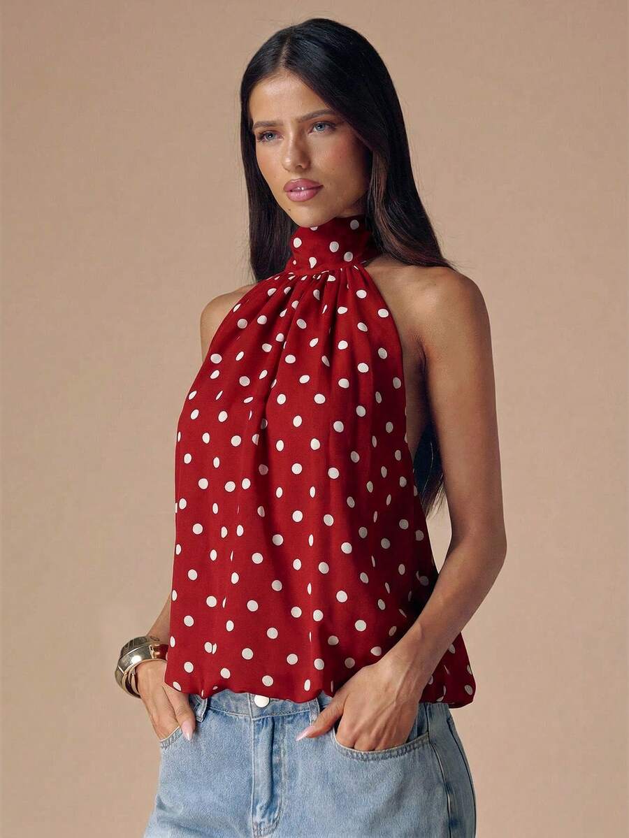 SHEIN BAE Áo croptop hở lưng cổ yếm chấm bi đen trắng gợi cảm, thích hợp cho các lễ hội âm nhạc, kỳ nghỉ. - Đỏ - Xem 1
