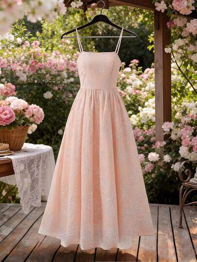 GlowEve Summer Solid Color Cross-Back Dress, French White Embroidered Spaghetti Strap Dress For Beach Vacation