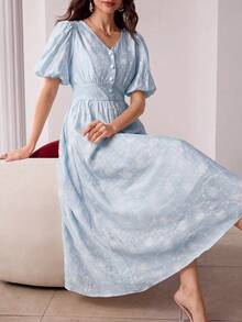 Modelyn V-Neck Puff Sleeve Jacquard Front Button Closure Pink Dress - Blue - View 6