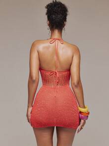 MUSERA 亮片针织钩编露背圆环细节层叠镂空修身迷你连衣裙，春夏伊比沙岛音乐节度假可爱性感Y2K夜店热带诱惑 - 橘色 - 查看 2