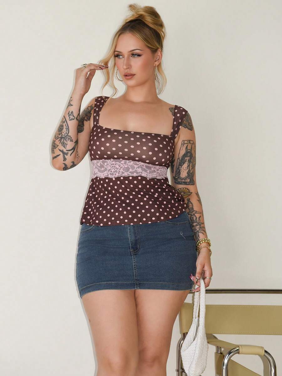 Arliah 2025 Nueva Moda Otoño/Invierno Blusa de Verano para Mujer con Encaje Contrastante y Estampado de Lunares, Tirantes Anchos. Blusa de Verano, Navidad, Año Nuevo, Fiesta, Playa, Elegante y Casual para Vacaciones - Marrón - Ver 1