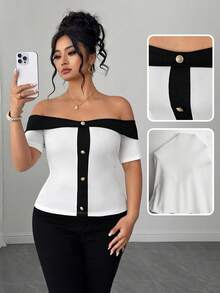 Elenzga Camiseta de mujer talla grande con estilo francés, de hombros descubiertos y manga corta, en color bloque negro y blanco con botones metálicos, ajustada y ceñida que revela los hombros, para usar en citas de verano - Blanco - Ver 3