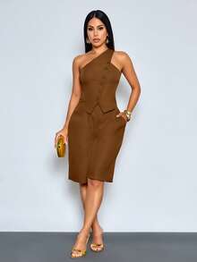 SOLERSUN Commuting Night Out Old Money Style Asymmetric Neckline Sleeveless Drop-Waist Top And Seven-Inch Pants Set Shades Of Brown Summer - Brown - View 8