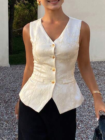 DAZY Chaleco ligero de verano para mujer sin mangas con cuello en V, de unicolor, de tela texturizada, con cintura anudada y bajo con abertura