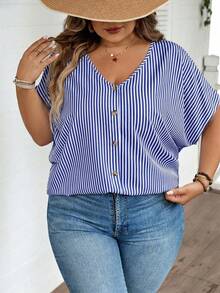 SHEIN CURVE+ Plus Size Summer Casual Striped Batwing Sleeve Shirt - Blue - View 8