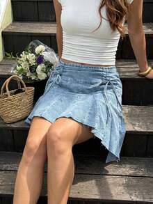 Sunnyshic Women's Drawstring Waist Pleated Casual Denim Skirt - Blue - View 1