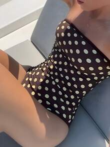 SHEIN Swim Chicsea Áo tắm liền thân nữ thanh lịch in họa tiết chấm bi, dây đeo mảnh có thể điều chỉnh, kiểu dáng cạp cao. - Cà phê nâu - Xem 3