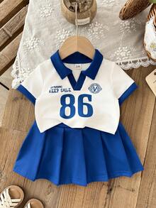 SHEIN 2Pcs Baby Girl Toddler New Born 0-3 Years Old Blue White Stripe Summer Casual College Sporty V-Neck Polo Short Sleeve Tee Shirt Pleated Skirt Set - Blue - View 3