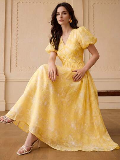 ZEYLAH 女士印花泡泡袖撞色蕾丝连衣裙