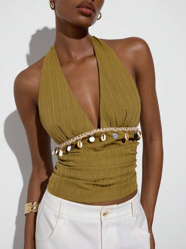 SHEIN Maija Women's Shell Decor Halter Backless Blouse, Suitable For Spring/Summer Vacation, Summer Tops, Summer Clothes, Summer Outfits , Summer Outfits For Women , Spring Outfit , Spring Tops , Party Top, Beach Outfit For Women, Beach Outfit, Elegant Women's Blouses, Casual Blouses For Women , Vacation , Summer Holiday Outfits , Country Style For Women, Country Concert Outfit
