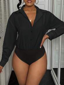 Airaco Casual Loose Open Front Printed Long Sleeve Shirt Bodysuit For Women - Black - View 3