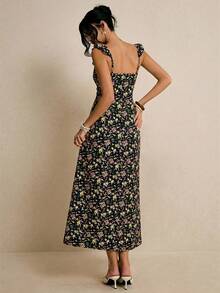 女士休闲碎花中长连衣裙，适合度假 - 黑色 - 查看 2