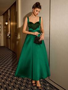 Poshira 女士优雅派对鸡尾酒礼服，心形腰部褶裥紧身胸衣 - 墨綠色 - 查看 4